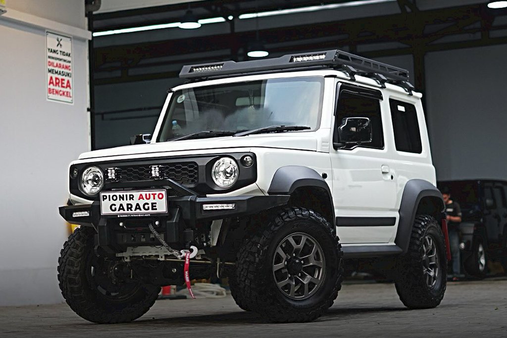 modifikasi jimny 3 pintu jb74 putih roof rack overland offroad touring camping pionir auto garage