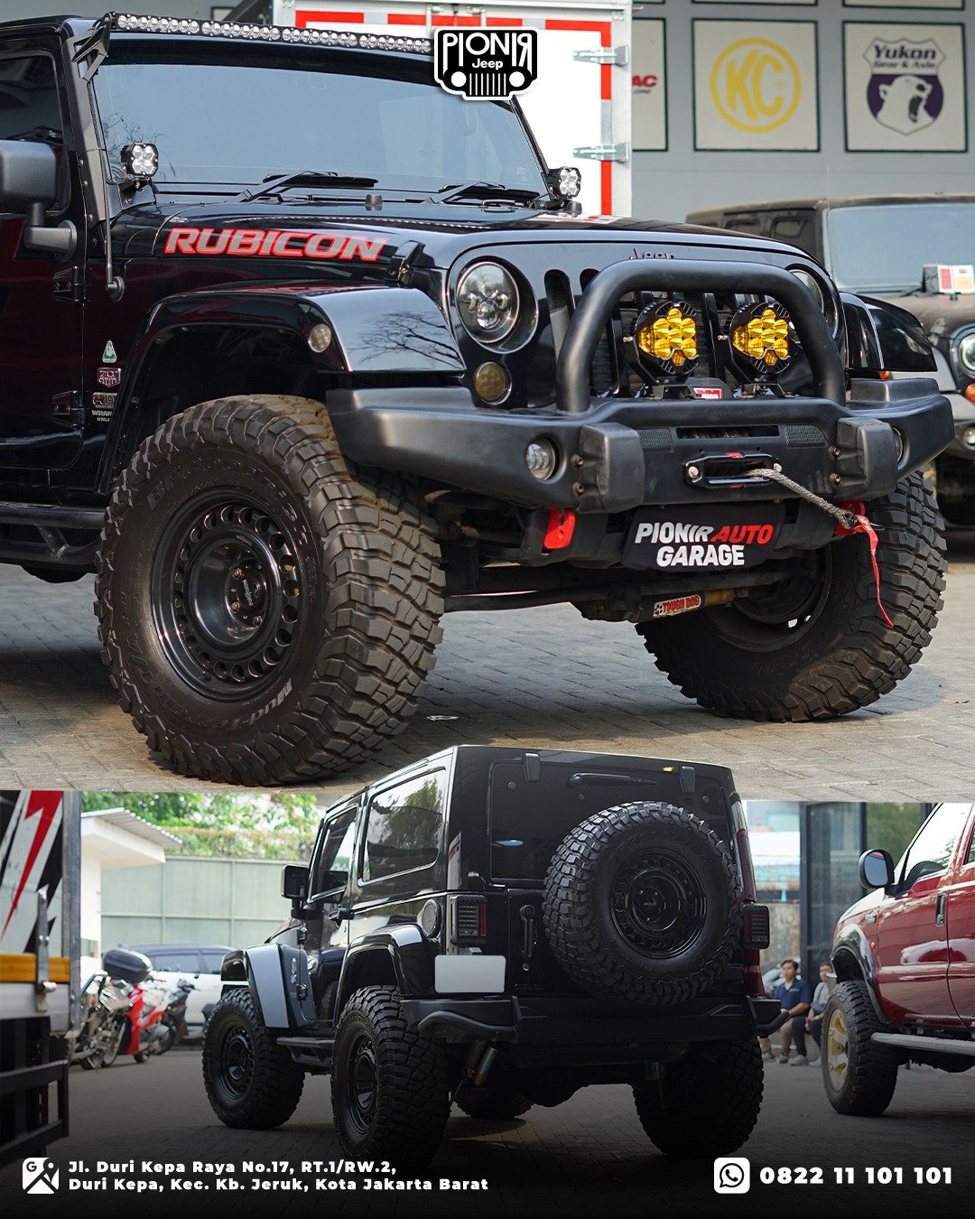 Bagian belakang Jeep JK Rubicon dengan AEV Style bumper, ban BFGoodrich 35 inch dan side step tubular