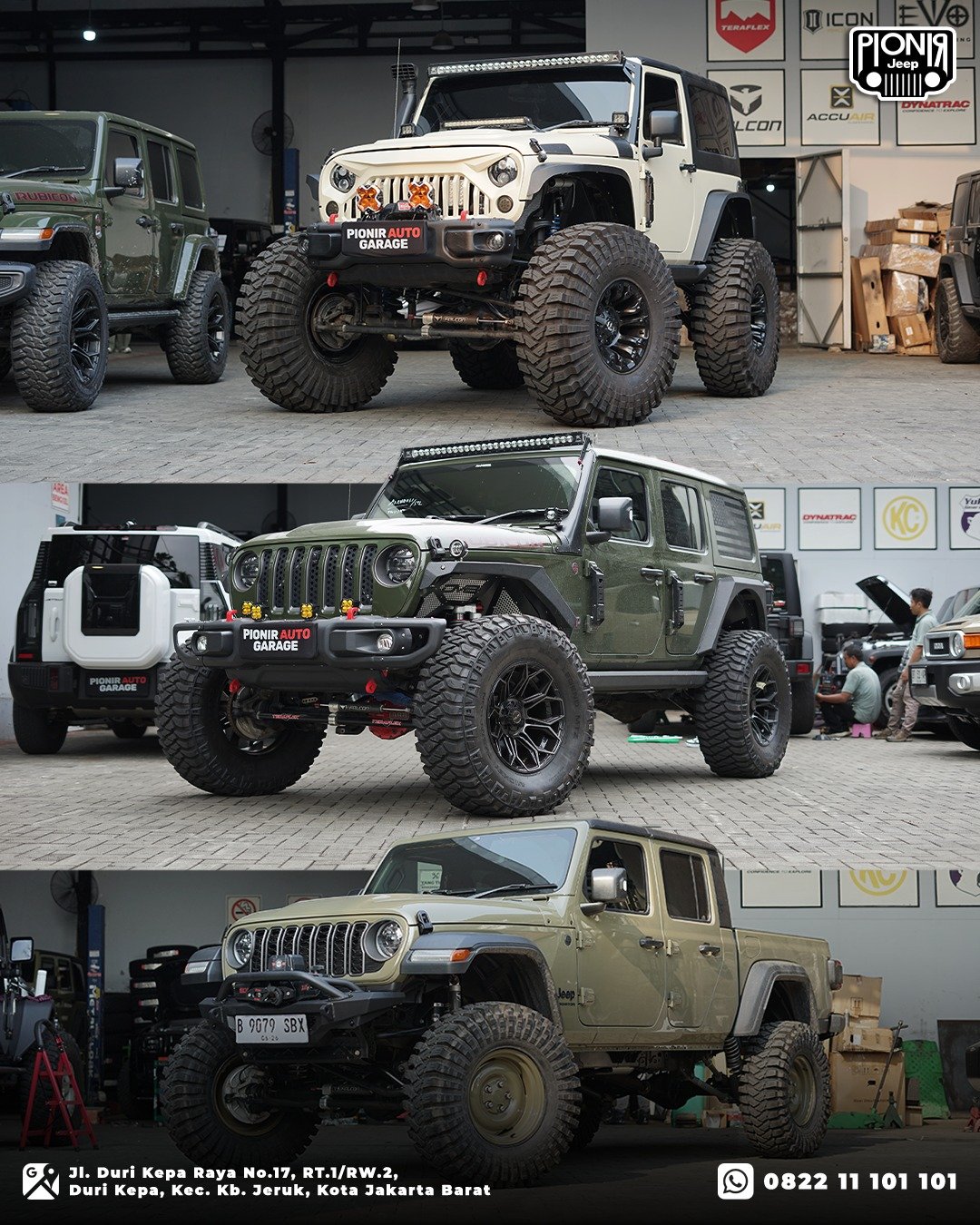 Kompilasi modifikasi offroad Jeep JK, JL, dan JT Gladiator Rubicon gaya monster dengan ban besar di Pionir Auto Garage
