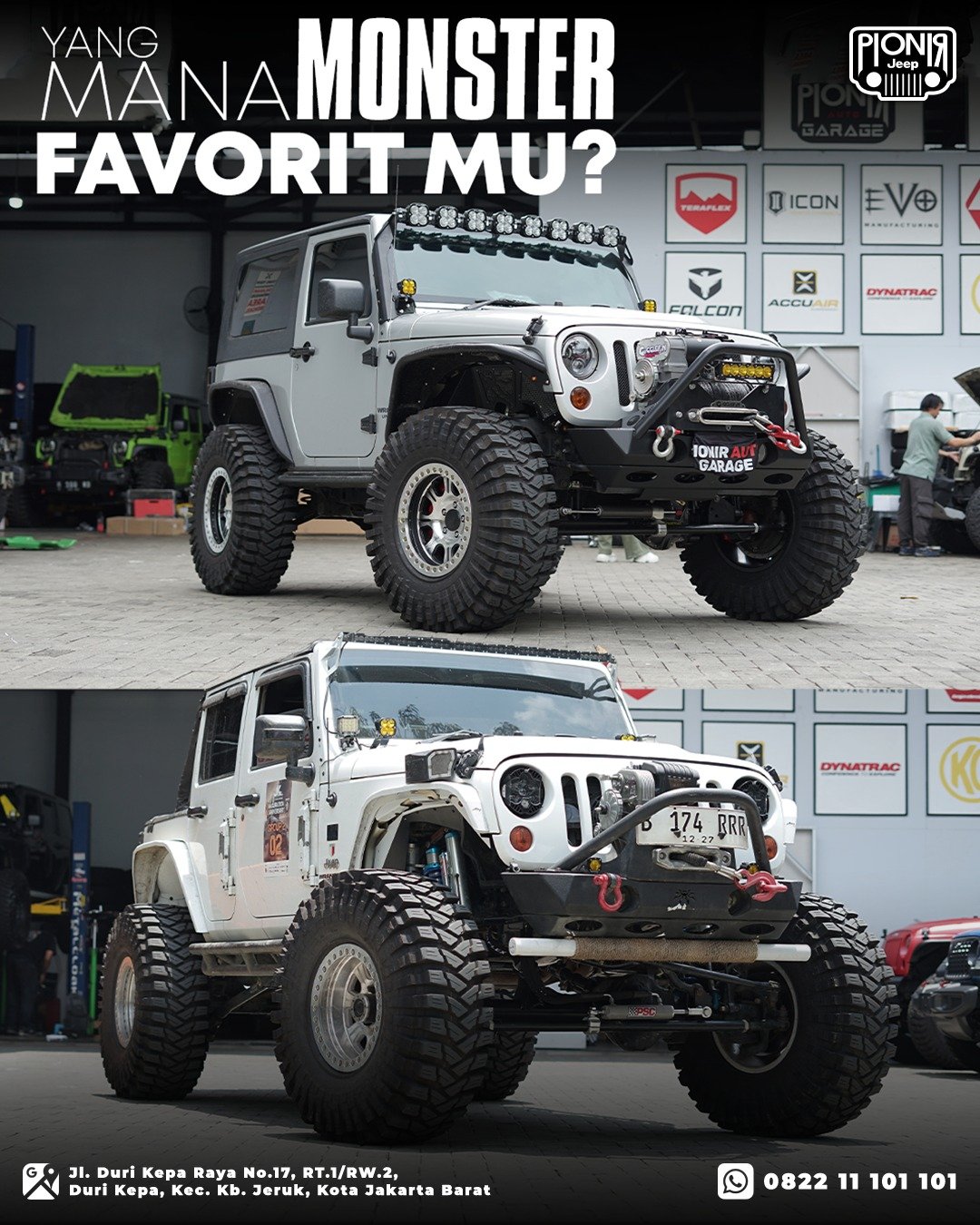 Pilihan modifikasi offroad Jeep Rubicon 4 pintu dan 2 pintu monster berban besar dan kaki-kaki tinggi andalan Pionir Auto Garage